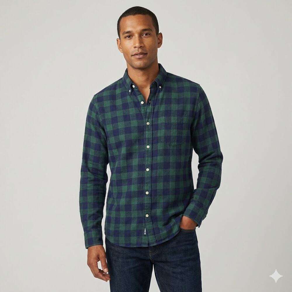 Bonobos Navy Green Cotton‎ Plaid Flannel Button Up Casual Slim Fit Shirt Men's L